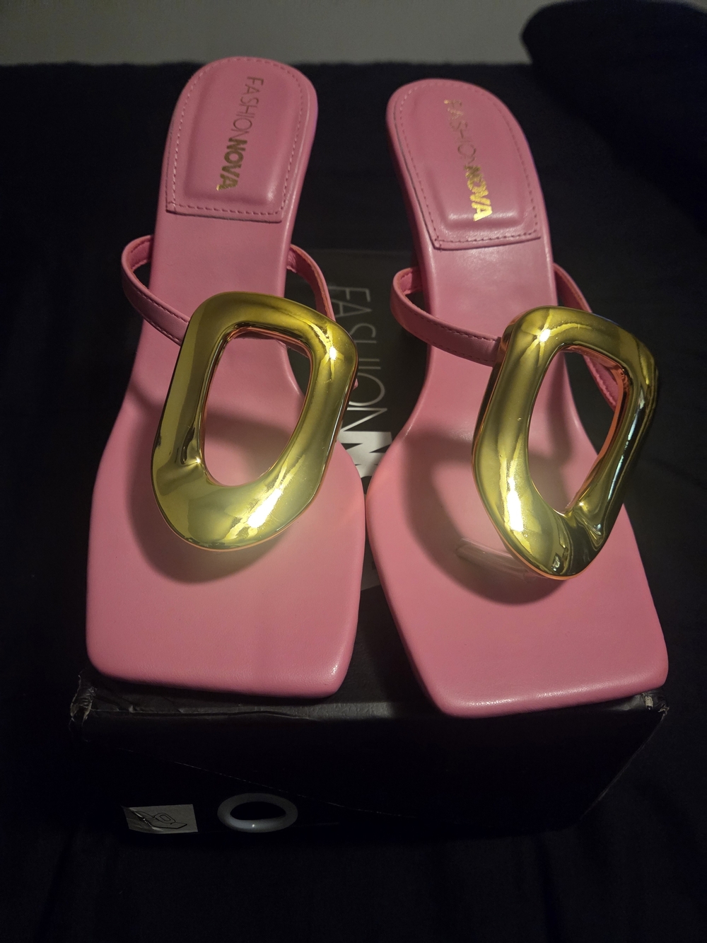 Fashion Nova Pink Slide Heels with Gold Accent Buckle